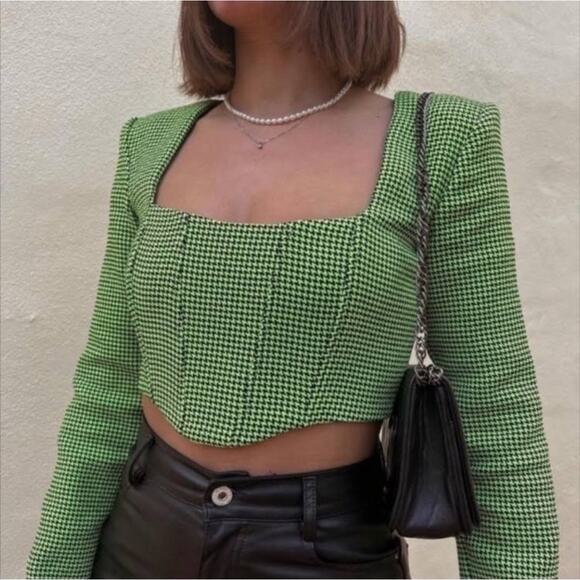 Zara Houndstooth Neon Green Corset Bustier Crop Top Size small - Picture 1 of 12